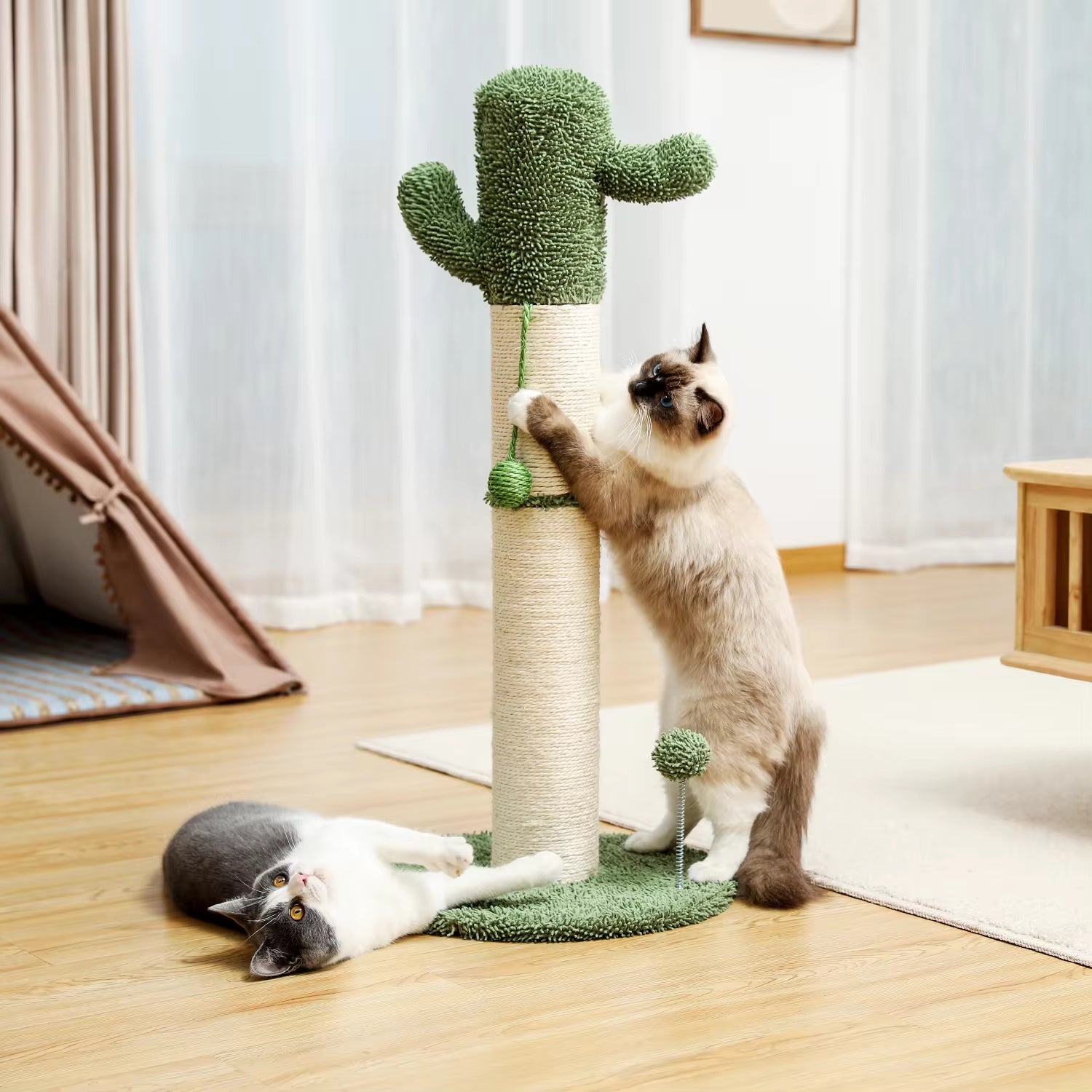 Cactus Cat Tree Scratcher with Hanging Ball Fully Wrapped Sisal Scratching Post and Pad for Indoor Stable Furniture Protectors