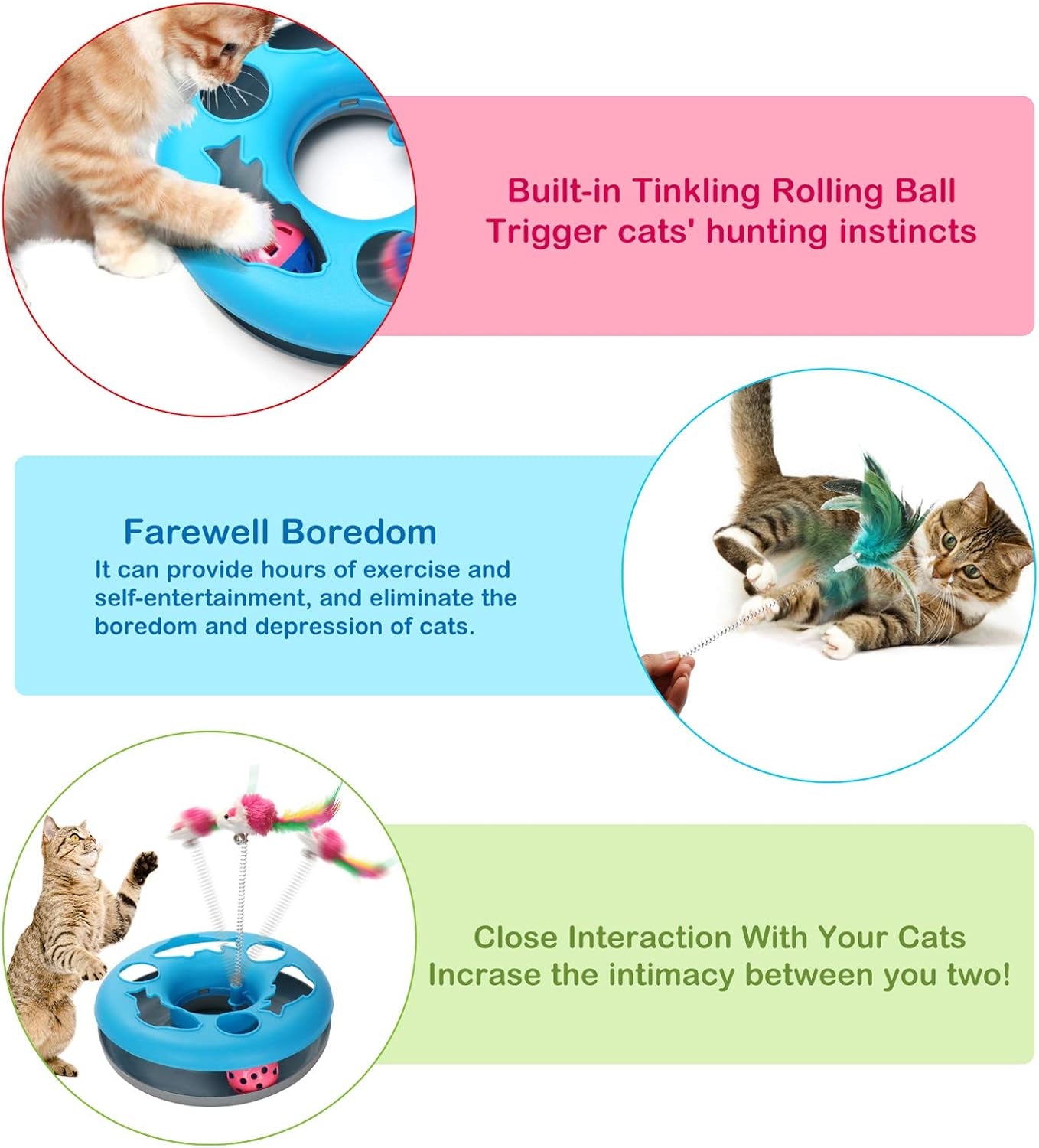 3 in 1 Cat Toys, Cat Toys for Indoor Cats, Spring Pet Toy with Exercise Balls Teaser Mouse, Interactive Cat Toy with 5 Removable Spring Replacements - Blue