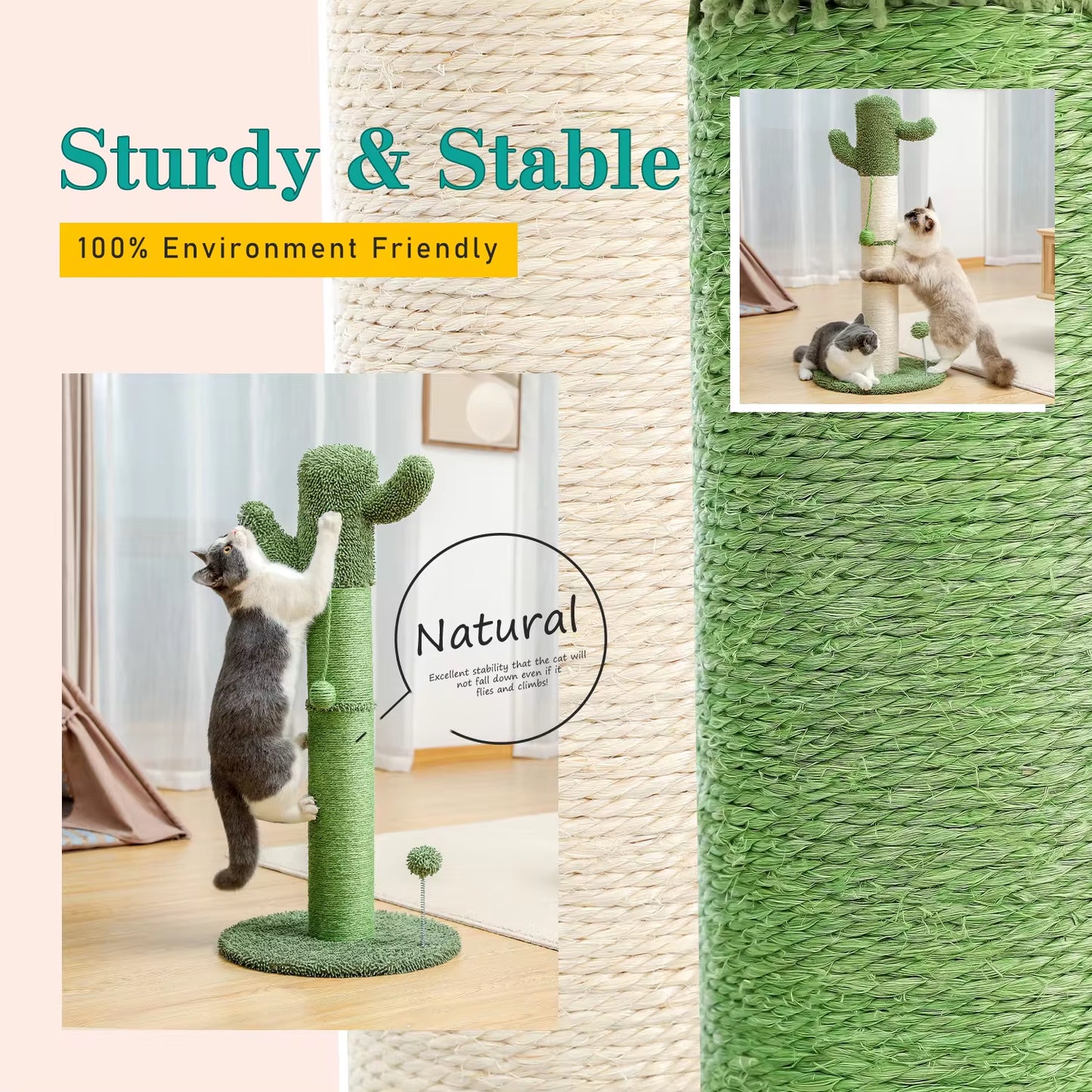 Cactus Cat Tree Scratcher with Hanging Ball Fully Wrapped Sisal Scratching Post and Pad for Indoor Stable Furniture Protectors