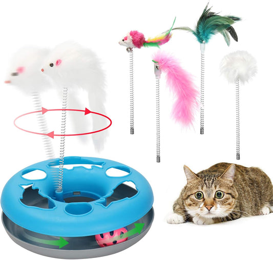 3 in 1 Cat Toys, Cat Toys for Indoor Cats, Spring Pet Toy with Exercise Balls Teaser Mouse, Interactive Cat Toy with 5 Removable Spring Replacements - Blue