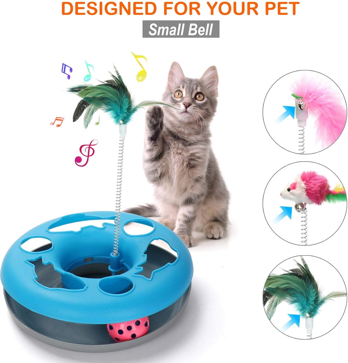 3 in 1 Cat Toys, Cat Toys for Indoor Cats, Spring Pet Toy with Exercise Balls Teaser Mouse, Interactive Cat Toy with 5 Removable Spring Replacements - Blue